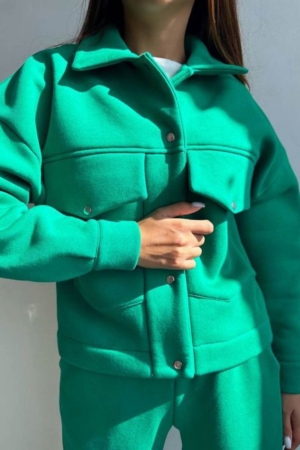 Trening dama bumbac vatuit jacheta cu capse si pantaloni cu buzunare 3938
