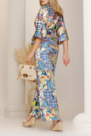 Set din satin pantaloni si camasa cu imprimeu